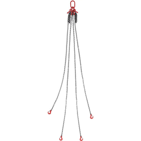 Beefy Heavy Duty Chain Sling 3/8 Inch by 10 Foot Lifting Chain with Hooks for Engine Hoists, Built to Handle 18,400 Lbs (8 Tons), G80 Steel, 4 Leg Grab Hooks and Easy Adjusters, four-leg chain sling shown with red hooks
