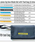 20-piece universal jig saw blade set in blue tool bag, front view; blades for wood, plastic and metal.