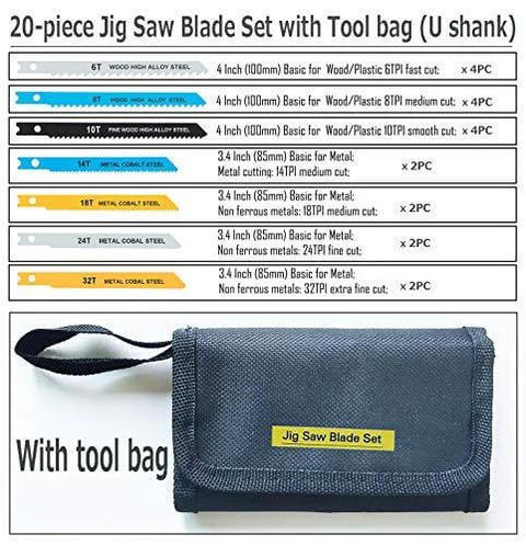 20-piece universal jig saw blade set in blue tool bag, front view; blades for wood, plastic and metal.