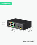 8-Port Full Gigabit PoE Switch Workhorse With 4 BT90W PoE Plus Ports With 120W PoE Budget And 2 Gigabit SFP Uplinks NDAA Compliant shown with dimensions and weight details