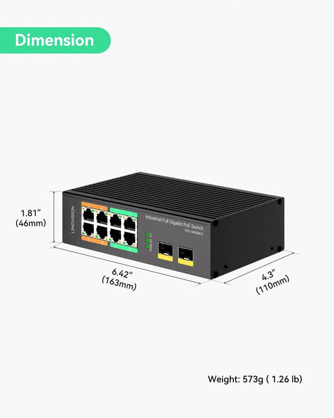 8-Port Full Gigabit PoE Switch Workhorse With 4 BT90W PoE Plus Ports With 120W PoE Budget And 2 Gigabit SFP Uplinks NDAA Compliant shown with dimensions and weight details