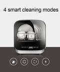 Totally Hassle Free Compact Countertop Dishwasher With Slick Stainless Steel Interior Detachable Water Tank showcasing four cleaning modes.