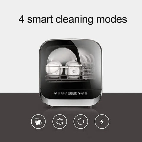 Totally Hassle Free Compact Countertop Dishwasher With Slick Stainless Steel Interior Detachable Water Tank showcasing four cleaning modes.