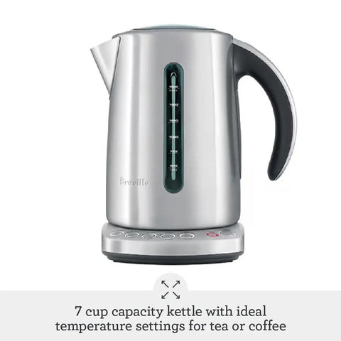Front view of Smart Temperature Kettle with 7 Cup Capacity in Brushed Stainless Steel Quick Boil and Exact Brew Settings