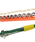 Snag This Solid Mini Ratchet Wrench Set With 1/4 Inch Drive And Nine Proven Metric Sockets From 5mm To 13mm on a display.