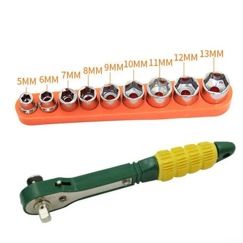 Snag This Solid Mini Ratchet Wrench Set With 1/4 Inch Drive And Nine Proven Metric Sockets From 5mm To 13mm on a display.