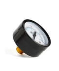 Close-up of pressure gauge from Pro Grade Oil Water Separator FRL Combo For Air Compressors, metal construction, black and gold finish.