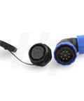 9 Pin Outdoor Waterproof Circular Electrical Connector Set With Threaded Angled Plug And Panel Socket For Industrial Power, Rugged And Reliable, Weatherproof, Male And Female, 12-15mm Cable, 14AWG, with cap