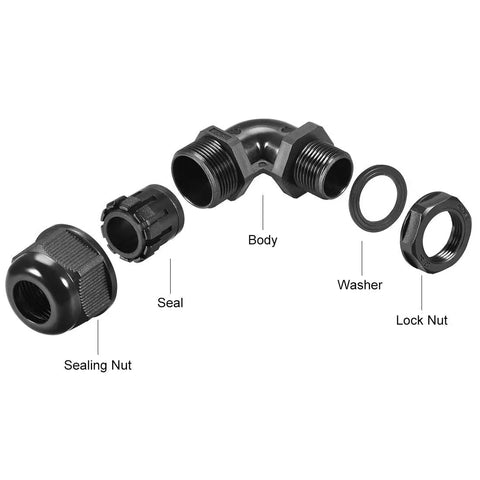 Exploded view of M20 Cable Gland 90 Degree Waterproof IP68 Nylon Joint with adjustable locknut for 9mm to 14mm cables showing parts.