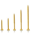 Assorted sizes of weatherproof tan wood screws, ideal for outdoor decks and fences, rust-resistant epoxy coated for durability.