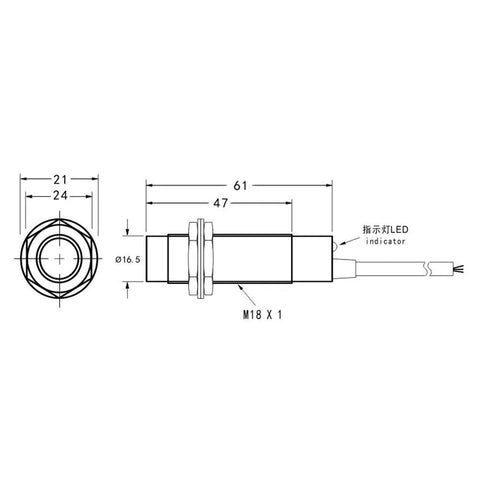 Technical diagram of M18 Proximity Sensor Detects Metal And Non Metal Objects From Plastic Glass And Wood With 10mm Detection Range.