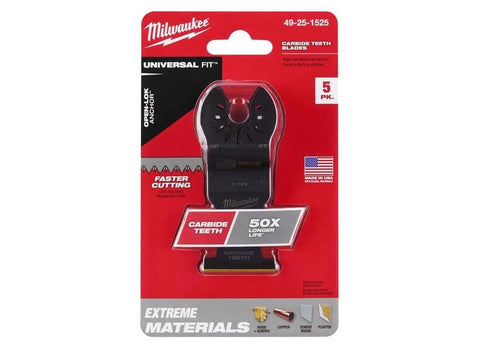 Professional Grade Oscillating Multi Tool Blades One Three Eighths Inches Carbide Tipped Cutting Edges Five Pack in packaging.