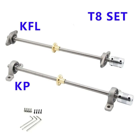 Kick Your 3D Printer Up A Notch With This Premium T8 Lead Screw Kit Featuring Two 1000mm X 2mm Pitch Rods, Dual KFL08 Flange And KP08 Pillow Block Bearings Plus A Smooth 5x8 Coupler For Epic Z Axis Precision And Reliability Anytime. T8 lead screw kit with 1000mm rods, KFL and KP bearings, coupler