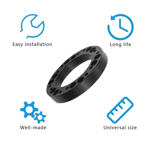 Heavy Duty 12mm Steering Wheel Hub Adapter And Wheel Spacer Blocks Built Tough From Corrosion Free Aluminum Alloy For No Sweat Bolt On Fits showing universal size and easy installation features.
