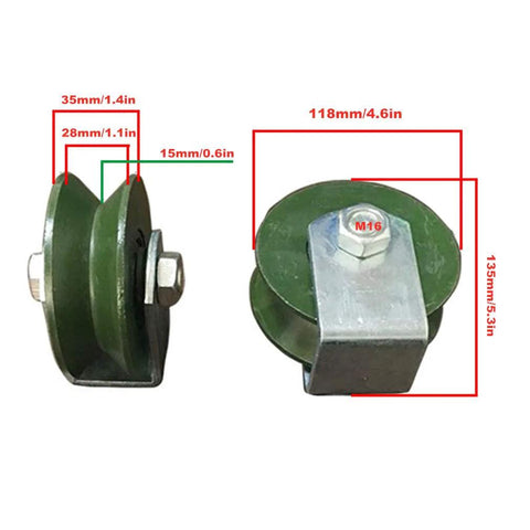 FFDSDUH V-Groove caster wheel side view, heavy-duty cast-iron track wheel, 118 mm diameter