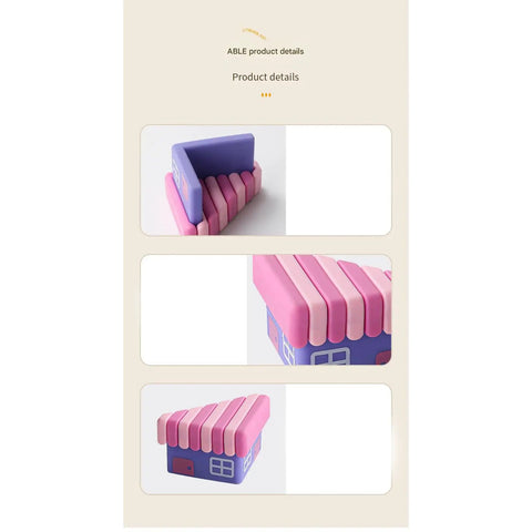 Colorful toy house with pink roof and windows, different angle views on display card.