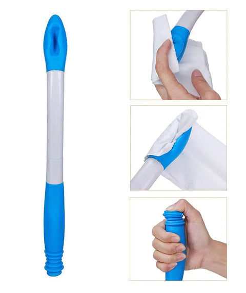 Foldable Long Reach Wiper For Self Wipe Aid Bottom Wiping Wand With Ergonomic Handle 15.75 Inch Reach with blue handle and usage demonstration