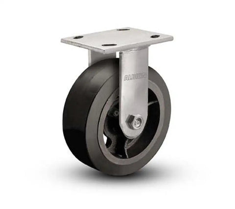 Rock Solid 6 Inch Moldon Rubber On Cast Iron Wheel Medium Heavy Duty Rigid Caster With Roller Bearing and 4 1/2 By 4 Inch Base Plate viewed from the side.