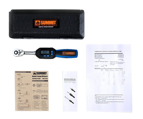Digital Torque Wrench Three Eighths Inch With 3.1 To 62.7 Foot Pounds Range Calibrated Electric Torque Tool, case, and manuals.