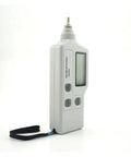 Portable Vibration Meter AS63A Vibrometer For Acceleration Displacement And Velocity Measurements With Clear LCD Handheld Vibration Analyzer Built For Industrial Diagnostics And Machinery Maintenance Pro Grade Quality, handheld gray device with wrist strap