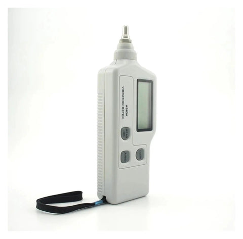 Portable Vibration Meter AS63A Vibrometer For Acceleration Displacement And Velocity Measurements With Clear LCD Handheld Vibration Analyzer Built For Industrial Diagnostics And Machinery Maintenance Pro Grade Quality, handheld gray device with wrist strap
