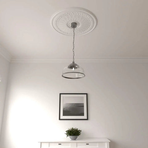 Room with Oakleaf Ceiling Medallion 29 1/8 In Outside Diameter, 3 5/8 In Inner Opening, 1 In Projection, factory primed.