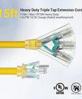 Heavy Duty 15 Foot 12 Gauge 3 Conductor Outdoor Extension Cord With Tri Tap Splitter LED Lighted Plug ETL Listed