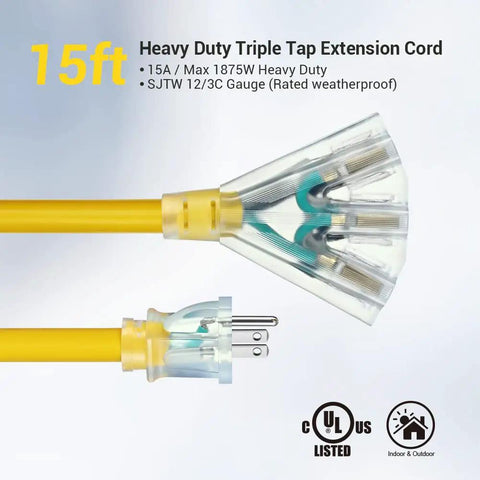 Heavy Duty 15 Foot 12 Gauge 3 Conductor Outdoor Extension Cord With Tri Tap Splitter LED Lighted Plug ETL Listed