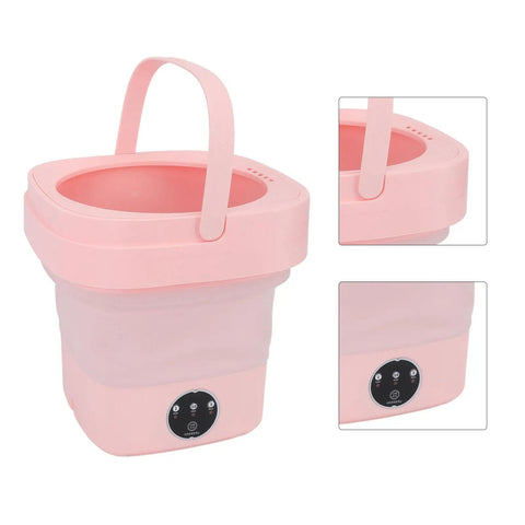 Slick 6.5 Liter Portable Mini Washing Machine With Spin Dryer, No Sweat Compact Foldable Top Loader For Fresh Threads, Ideal For Rvs, Dorms, Road Trips, Or Tiny Apartments, Sweet Pink Build, showing top load design and control panel.