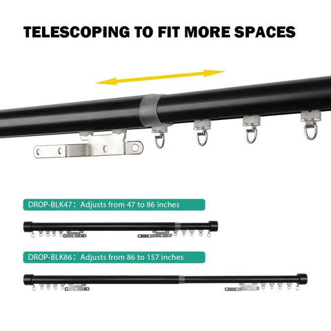 Adjustable Traverse Curtain Rod With Track System Extends From 47 To 86 Inches For Thick Curtains Up To 40 Lbs In Black Aluminum Heavy Duty And No Fuss Easy Install, black aluminum telescoping rod with hooks
