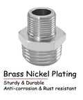 Close-up of brass nickel plated water line adapter, showing sturdy and rust-resistant features. Three Pack Brass Nickel Plated Water Line Adapters One Half Inch Male To Three Eighths Inch Male Reducer Compression Fittings For Kitchen And Bathroom Faucet Supply Lines Leak Free Connection Easy Install.
