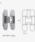 Invisible Door Hinges With 3D Adjustable Concealed Design, heavy-duty zinc alloy, bright chrome, dimensions 140x29.5mm.