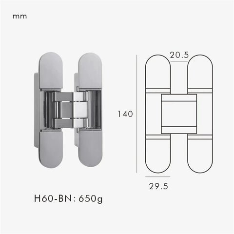 Invisible Door Hinges With 3D Adjustable Concealed Design, heavy-duty zinc alloy, bright chrome, dimensions 140x29.5mm.
