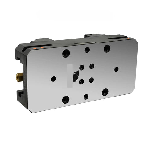 Ten Inch Self Centering Vise Heavy Duty Workholding Clamps For Cnc Milling Machines Five Axis Job Ready Bench Tool, shiny surface with mounting holes.