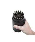 Hand holding the Knockout 29 Piece Drill Bit Set Featuring Jobber Length 135 Degree Split Point Tips With Black And Gold Titanium Coating.