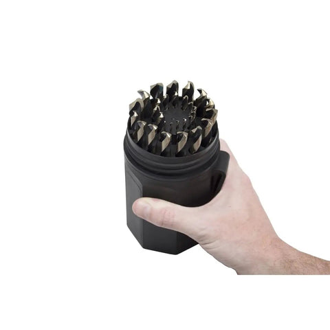 Hand holding the Knockout 29 Piece Drill Bit Set Featuring Jobber Length 135 Degree Split Point Tips With Black And Gold Titanium Coating.