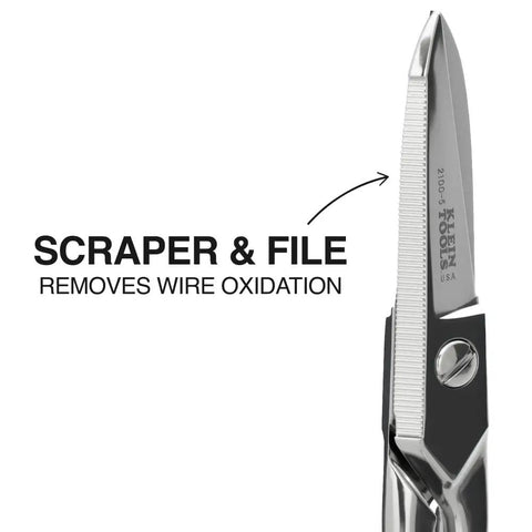 Electrician Scissors For Heavy Duty Cutting And Low Voltage Work, 5.25-Inch snips showing scraper and file feature, Made In USA.