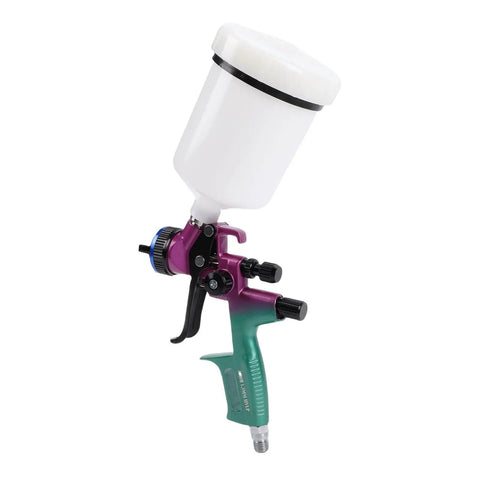 Turn Your Workshop Into A Game Changer With This Straight Up Hvlp Paint Sprayer Boasting A Large Six Hundred Milliliter Cup And Precise One Point Three Millimeter Nozzle For Buttery Smooth Furniture And Car Bodywork With Minimal Overspray, showing a close-up of the paint sprayer.