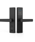Premium Wireless Smart Door Lock Featuring Biometric Finger Scan And Numeric Keypad Interface, sleek black design with handle and keypad.