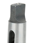 Close-up of drill sleeve adapter MT3-to-MT2 taper, small silver metal body with square male end