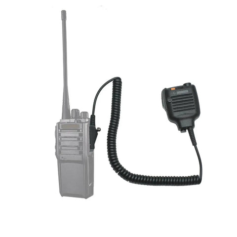 Hands Free Speaker Microphone For Kenwood Radios NX And TK Series Remote Shoulder Mic with coiled cable next to radio.
