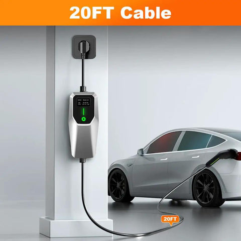 Top Shelf Portable Level One And Two Electric Vehicle Charger Built For SAE J1772 Rides Featuring Twenty Foot Cord with charging status.
