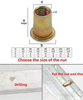 Rivet Nut Tool Mandrels Kit For M3 To M10 with size chart and installation steps shown.