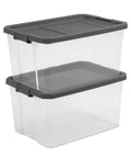 Heavy Duty 76 Quart Plastic Storage Bins With Snug Lids For Garage Organization stacked, clear base with gray lids, designed for organizing supplies.
