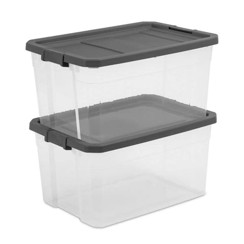 Heavy Duty 76 Quart Plastic Storage Bins With Snug Lids For Garage Organization stacked, clear base with gray lids, designed for organizing supplies.