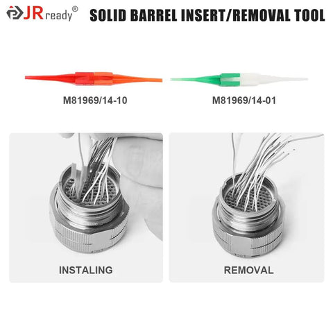 JRready ST2162-1 Crimp Tool Kit With New As2g Four Indent Eight Impression Crimper For 20 To 32 Awg Wire Including P Series Positioners And M81969 Plastic Insertion Removal Tools Complete Set, image showing solid barrel insertion/removal tools.