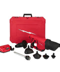 Cordless Drain Cleaning Air Gun Kit With Variable Pressure Control And Quick Swap Auger Tips For Sinks Toilets And Drains Quickly Unblocks Nasty Pipe Clots Fast While Providing Twenty Five Rapid Blast Cycles Per Charge For Pros Only, shown with battery and multiple tips.