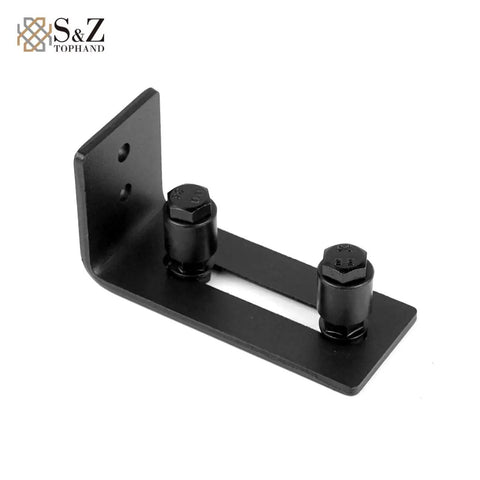 Rock Solid 28 By 84 Inch Sea Blue Natural Spruce Barn Door With Top Tier Five Foot Stainless Steel Sliding Track Hardware Kit, black sliding track bracket close-up.