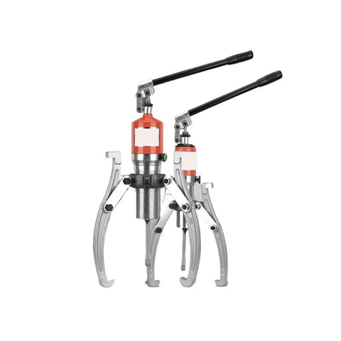 Heavy Duty Hydraulic Three Claw Puller Knocking Out Stubborn Bearings With Zero Sweat For Auto Mechanic Crews Up To Fifty Tons Of Raw Pulling Power For Heavy Workshop Jobs. Dual size puller with metal arms and hydraulic pump.