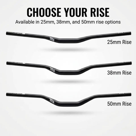 Three handlebar options showing 25mm, 38mm, and 50mm rise for Beefy 35 MTB Handlebar With 800mm Width And 38mm Rise 35mm Clamp Aluminum Alloy Chrome Finish For Downhill Enduro Freeride Trek And Fixie Bikes Built Tough For Real MTB Riding